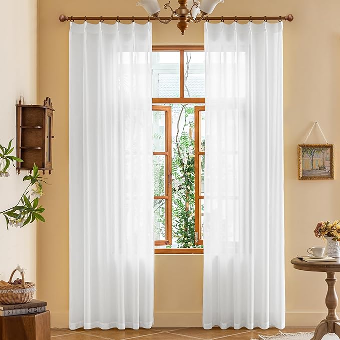 MAIHER White Pinch Pleat Sheer Curtains 84 Inch Length for Bedroom Living Room Soft Touch Light Filtering Pleated Drapes with Ajustable Hooks (No Rings), White, 42" W x 84" L, 2 Panels