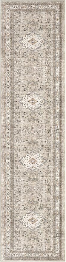 Vintage Hallway Runner Rug 3x12: Large Soft Washable Entryway for Kitchen Laundry Room Non-Slip Backing Runner for Entrance Living Room Bedroom Bathroom - Beige