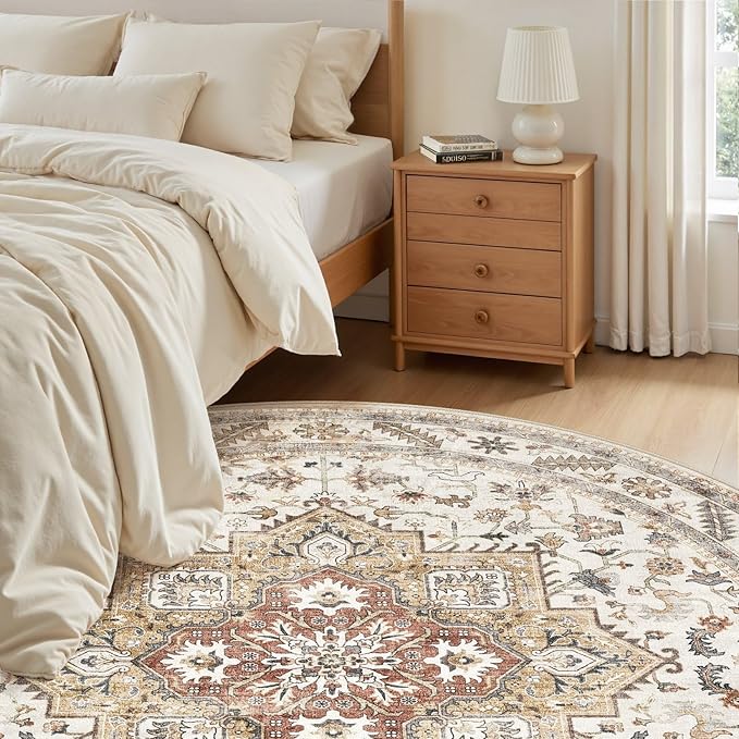 8ft Round Vintage Living Room Area Rug - 8x8 Large Soft Washable Oriental Traditional Distressed Farmhouse Rugs for Bedroom - Indoor Floor Accent Carpet for Home Office House Decor - Golden Taupe