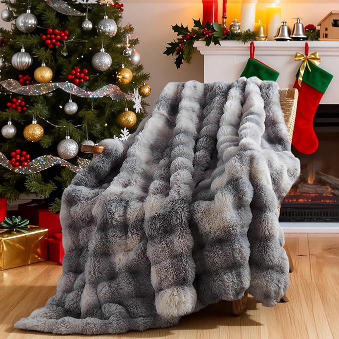 Lotus Karen Faux Fur Blanket - Tie-Dye Gray Twin Size, Big Bubble Rabbit Fluff, Thick Furry Plush Shaggy Blanket for Men, 60x80 Inches