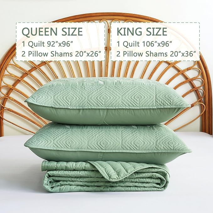 EVENHUG Floral Embroidered Quilt Set Queen Size 3 Piece Bedding Set Reversible Farmhouse Bedspread Coverlet with 2 Pillow Shams Lightweight Soft Bed Cover for All Season(92"X 96",Green)