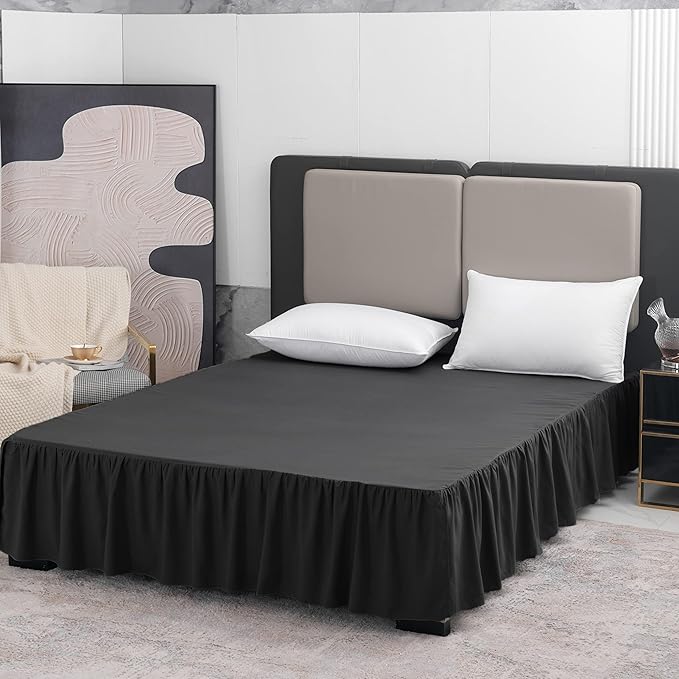 Black Bed Skirt Queen Size Ruffled Bed Skirt with Split Corners, Queen Bed Skirt 18 Inch Drop, TSUTOMI Queen Size Bed Skirt Black for Ruffled Bed Skirt with Split Corners, Bed Skirt Queen Size