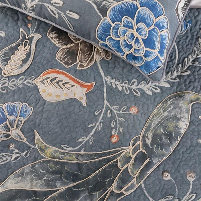 The HomeCentric Blue Bed Runner Without Pillow Cover, Queen Size 74"x18" Decorative Bed Runner, Blue Linen Bed Scarf in Quilted Peacock, Linen & Jute Embroidery - Peacock Willow