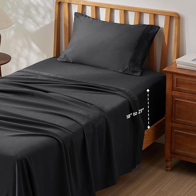 Bedsure Deep Pocket Twin Sheets Set - Fits Mattresses Up to 21 Inches Thick -3 Piece GentleSoft Bed Sheets, Moisture Wicking, Soft & Cooling Bedsheet & Pillowcases, Easy & Secure Fit, Black