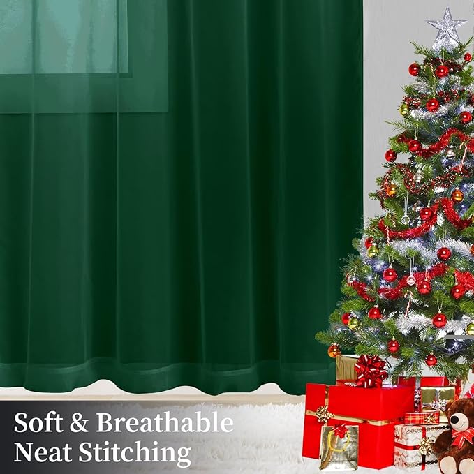 Sheer Curtains 72 Inches Long 2 Panels, Rod Pocket Short Curtain for Kitchen, Bedroom, Cafe Window(Foliage Green 38" W x 72" L)