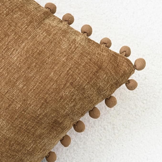 CaliTime Throw Pillow Covers Decorative 20 X 20 Inches Pack of 2 Cozy Solid Dyed Soft Chenille Cushion Cases with Pom Poms for Couch Sofa Bed Living Room Home Apricot Brown