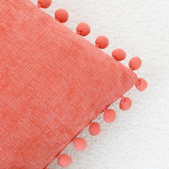 CaliTime Throw Pillow Covers Decorative 18 X 18 Inches Pack of 2 Cozy Solid Dyed Soft Chenille Cushion Cases with Pom Poms for Couch Sofa Bed Living Room Home Living Coral