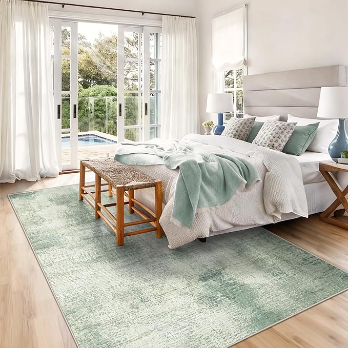 6x9 Area Rugs for Living Room: Washable Rug Modern Abstract Neutral Soft Rugs Non-Slip Low-Pile Indoor Floor Carpet for Bedroom Dining Room Kitchen (Green, 6'x9')