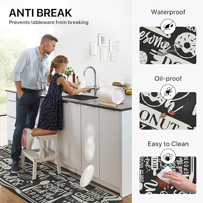 GENIMO Anti Fatigue Kitchen Mats for Floor, Non Slip Washable Kitchen Rules Theme Rugs sets of 2, Farmhouse Cushioned Waterproof Comfort Runner Rug for Kitchen, Sink, Laundry, 17"x 47"+17"x 30", Black
