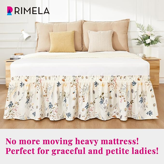 RIMELA Cream Balloon Bed Skirt Queen Size 15 Inch Drop, Elastic Bed Skirting for Bed Frame, Bedding Dust Ruffle Easy to Install, Lightweight Wrap Around Adjustable Bedskirt,Bedroom Decor
