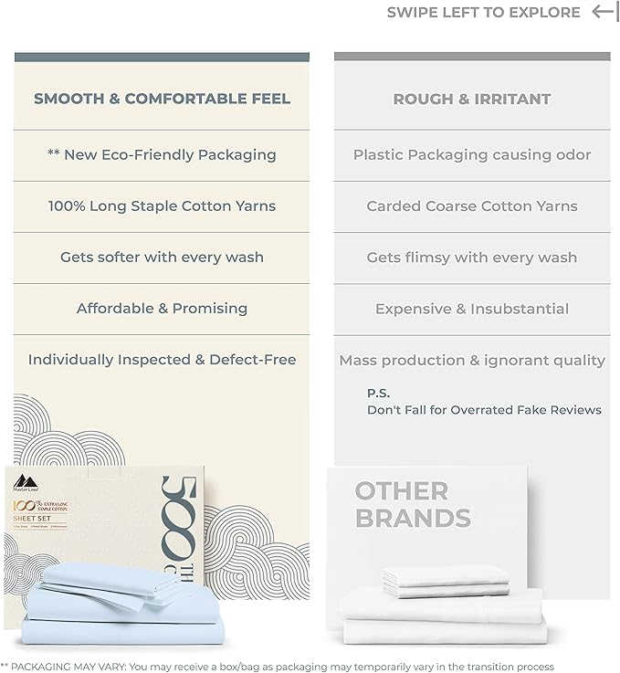 Mayfair Linen 100% Cotton Bed Sheets King Sheet Set - 500 Thread Count Sheets King Size 4 PC Set (Light Blue), Soft, Cooling, Hotel-Quality 16" Deep Pocket Sateen Cotton Bedsheet for Hot Sleepers