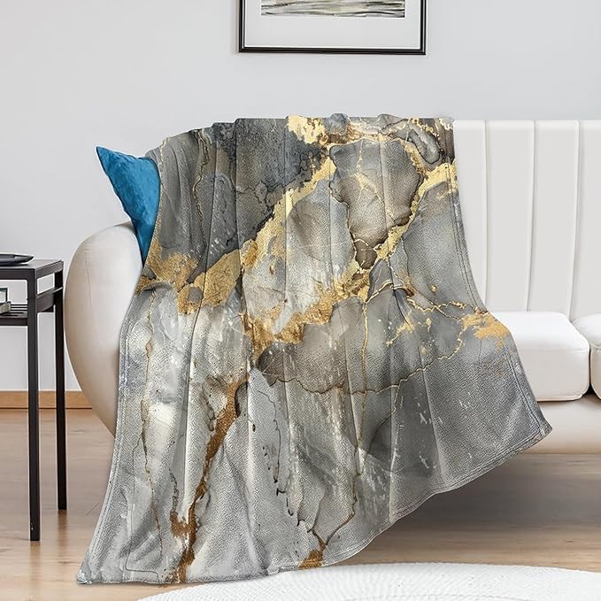Modern Marble Blanket, Abstract Luxury Baroque Gold Grey Gradient Stone Veins Pattern Soft Warm Cozy Plush Flannel Covers for Livingroom Bedroom Couch Chair Camping Travel Home Decor Tapestry 50x60in
