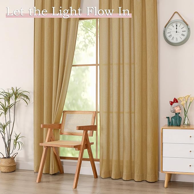 Simplebrand Gold Faux Linen Textured Semi Sheer Curtains 96 Inches Long 2 Panels Set, Light Filtering Soft Thick Farmhouse Curtains Window Treatment for Bedroom/Living Room/Dining Room, 50 x 96 Inch