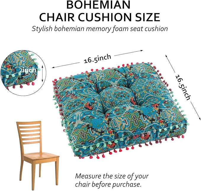 Bohemian Seat Cushion，Indoor & Outdoor 16.5" x 16.5" Seating Cushion for Dinning Chairs, Decorative with Tassels(2Pcs, Green)