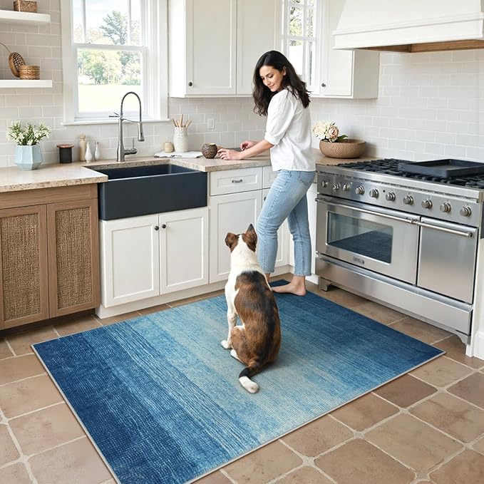 Wonnitar Ombre Blue Area Rug 3x5, Washable Modern Entry Rugs Soft Contemporary Rug for Boys Bedroom, Non-Slip Stain Resistant Bathroom Throw Carpet for Kitchen Dorm (Blue, 3'x5')