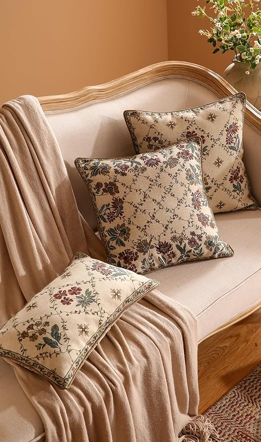 patdrea Designer Throw Pillow Covers,Square Euro Retro Style Light Brown Linen with Floral Pattern Pillow Cover,Decorative Pillowcases Cushion for Bed Living Room Outdoor Car,18"x18"