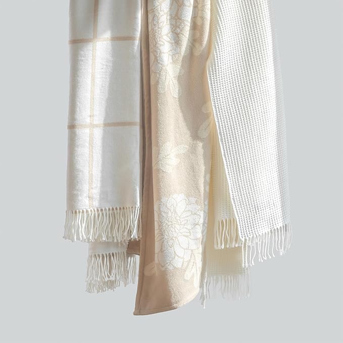 Hofdeco Premium Coastal Decorative Throw Blanket for Patio Couch Sofa, Neutral Tan Plaid with Fringe, 52"x71"