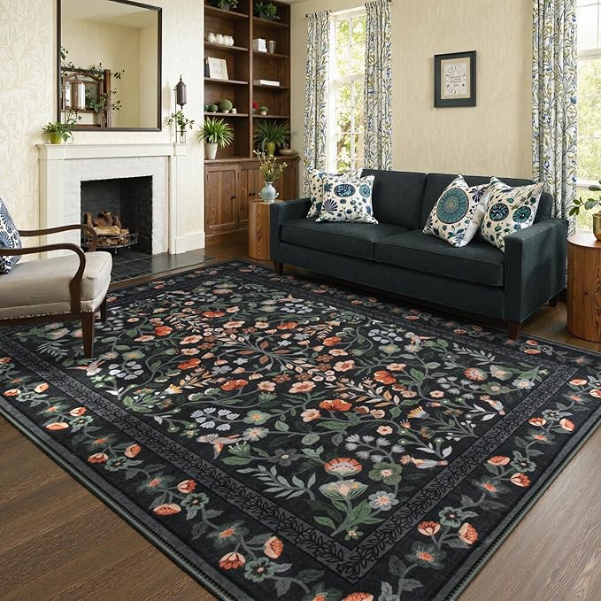 Lahome Floral Washable Area Rugs 8x10, Non-Slip Living Room Carpet Soft Tumble Washable Rugs for Bedroom Nursery, Vintage Botanical Print Carpet for Classroom Kids Room Dining Room, Black