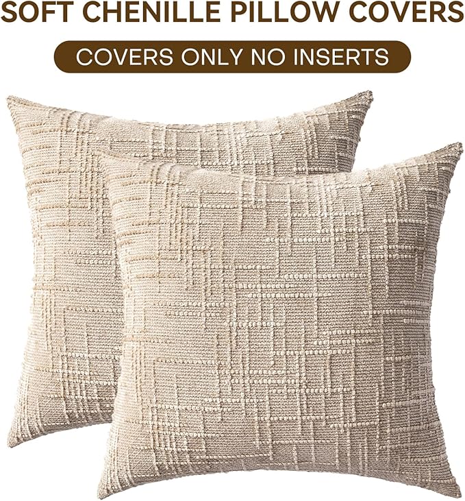 Decorative Throw Pillow Covers 20x20 Inch Set of 2, Soft Solid Farmhouse Chenille Couch Pillows, Spring Pillow Covers for Couch Sofa Bed Living Room Home Decor Pillowcase, Light Khaki