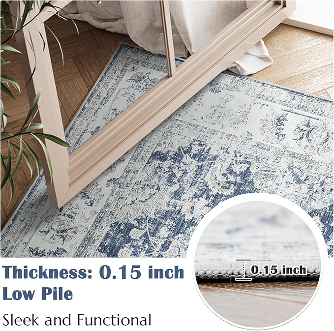 jinchan Fiora Runner Rug 3x10-2pcs Kitchen Washable Vintage Hallway Rug Floral Print Floor Cover Indoor Thin Retro Mat Accent for Bathroom Laundry Room Bedroom Office Farmhouse (Double, Dark Blue)