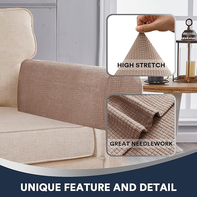 Stretch Sofa Arm Covers Spandex Jacquard Anti-Slip Couch Arm Covers with Sticker Furniture Armrest Protector for Sofa Couch Chair Recliner, Set of 2, Khaki