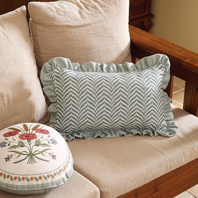 ISAENNE Design Linen Throw Pillow Covers 12"x20" Pack of 2, Rectangle Minimalist Cushion Covers with Powder Blue Chevron Leaves Pattern Decoration Pillowcases for Bed,Living Room,Outdoor,Car