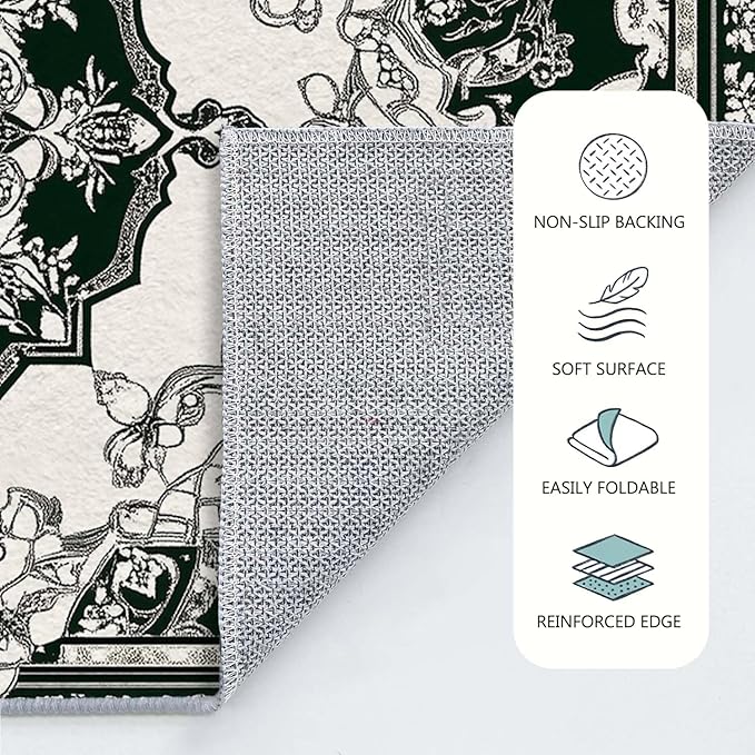 5x7 Traditional Oriental Area Rug Black White Dark Green Rug Non Slip Low Pile Large Carpet for Home Kitchen Living Room Bedroom Dining Room Office