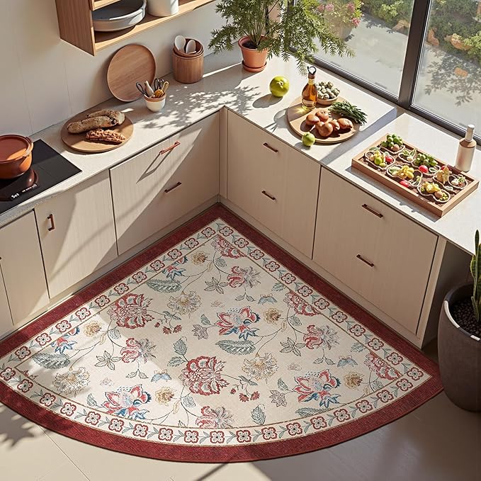 jinchan Elora Floral Corner Rug for Entryway Washable Rug Vintage Romance Christmas Design Non Slip Quarter Circle Lightweight Low-Pile Throw Carpet for Playroom Nook Nursery, 4ft Radius, Red/Beige