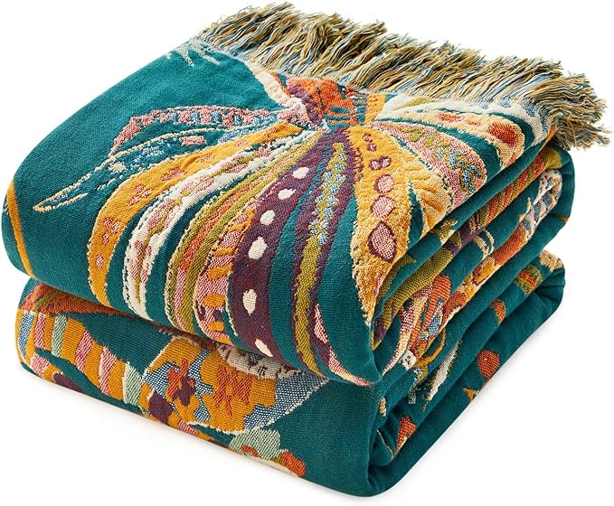 MSGKV Boho Throw Blanket for Couch 100% Cotton Embroidery Blanket 50"x60" Sofa Bed Chair Muslin Breathable All Seasons Lightweight Farmhouse Blankets Home Decor