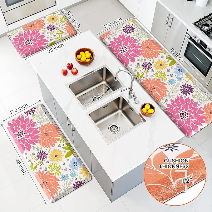 Kitchen Mats for Floor,Cushioned Rug Anti-Fatigue Mats for Kitchen Decor Accessories,Waterproof Non-Slip Mat and Rug for Office,Floor,Laundry 17.3"*60",Mutil-Pink