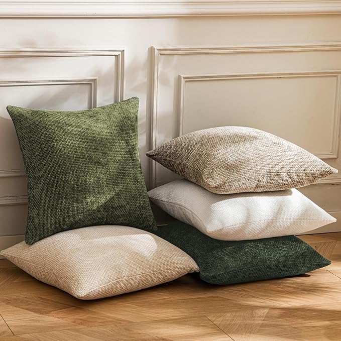 a moment Olive Green Chenille Throw Pillow Covers 18x18 Inch Pack of 2 Modern Decorative Throw Pillow Covers Farmhouse Cross Covers Home Decor for Sofa Bedroom Living Room