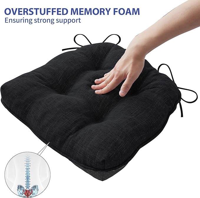 Chair Cushions for Dining Chairs Set of 4, Kitchen Chair Cushions, Chair Pads with Ties and Non Slip Backing, Tufted Memory Foam Seat Cushion 4 Pack, 18" x 18" x 4", Black