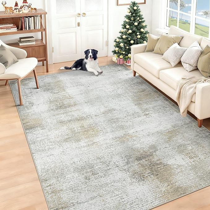 6x9 Area Rugs for Living Room: Washable Rug Modern Abstract Neutral Soft Rugs Non-Slip Low-Pile Indoor Floor Carpet for Bedroom Dining Room Kitchen (Beige, 6'x9')