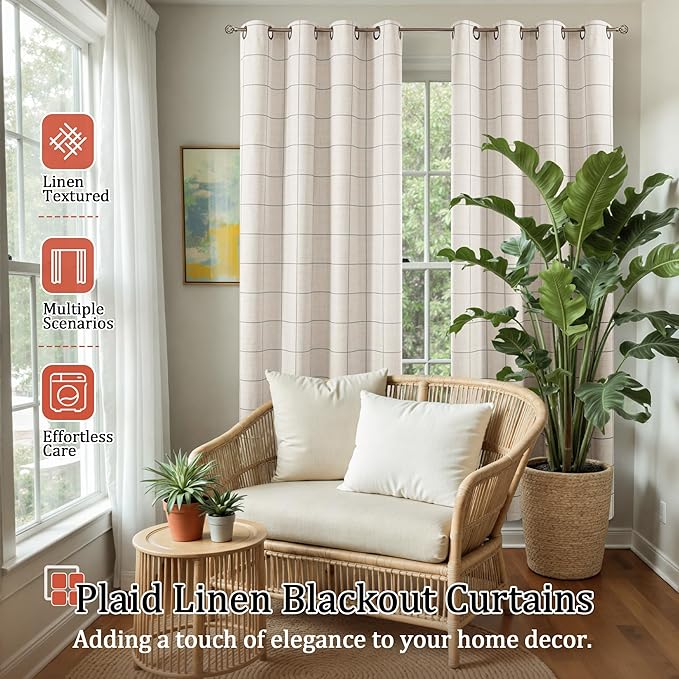 Grey Linen Blackout Curtains for Living Room - Boho Plaid Pattern Thermal Insulated Grommet Cottage Core Window Treatments Rustic Drapes for Farmhouse, 52x84 Inch 2 Panels