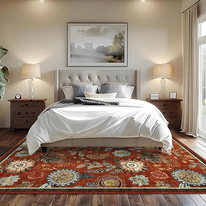 GarveeHome 8x10 Floral Washable Area Rug: Large Living Room Area Rug with Non-Slip Backing Washable Ultra Soft Bedroom Floral Carpet Indoor Stain Resistant Carpet for Dining Room 8 * 10 ft Brick Red