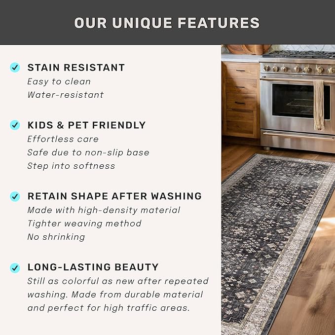 Black Farmhouse Washable 7x10 Area Rugs for Living Room, Bedroom, Dining Room Table, Dark Charcoal Stain Resistant Non-Slip Large Washable