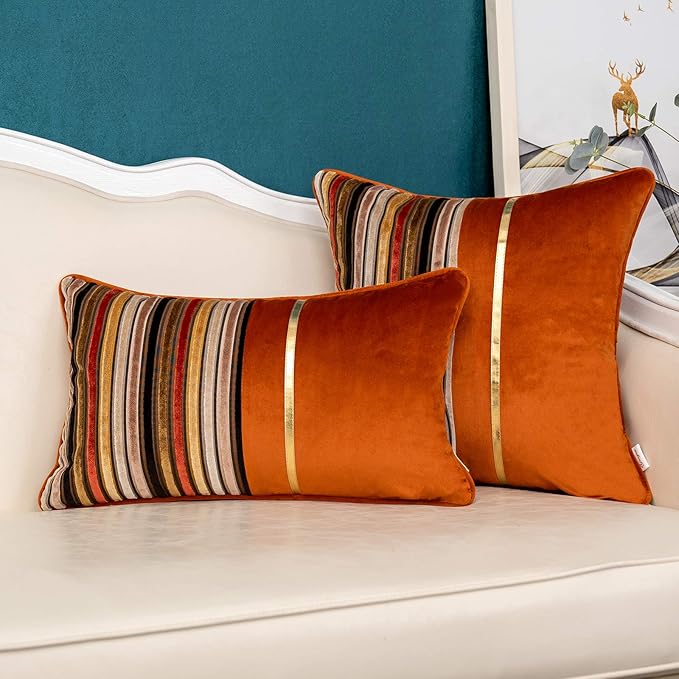 Yangest Orange Striped Patchwork Throw Pillow Cover Gold Leather Cushion Cover Zippered Pillowcase for Sofa Couch Bedroom Living Room Home Decoration,18x18 Inch