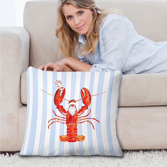 Coastal Christmas Lobster Pillow Covers 18x18, Christmas Lobster Decor, Xmas Santa Crawfish Beach Blue Striped Throw Pillow Covers for Home Bedroom Living Room Sofa Couch