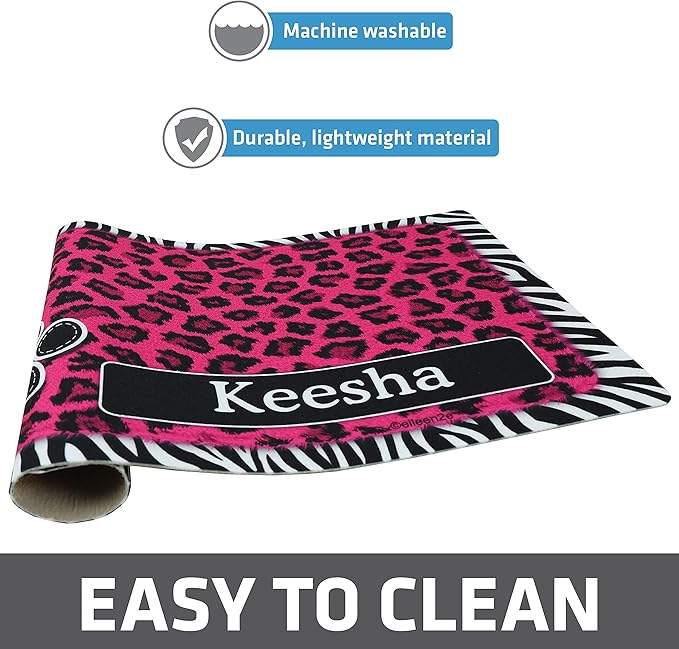 Drymate Personalized Pet Bowl Placemat, Custom Dog & Cat Food Feeding Mat - Absorbent Fabric, Waterproof Backing - Machine Washable/Durable (USA Made) (12" x 20") (Leopard Zebra Pink)