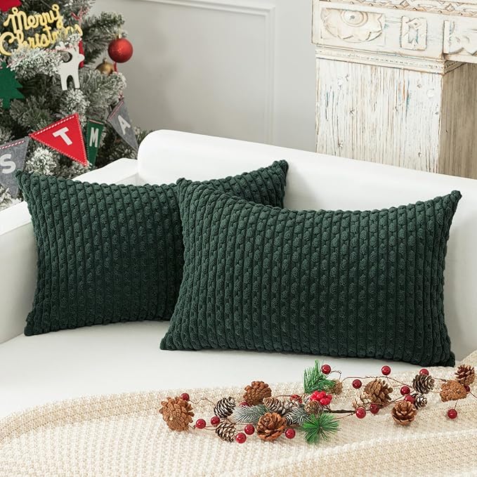 Kevin Textile 12x20 Inch Pillow Cover 1 Pack Boho Christmas Decorative Soft Striped Corduroy Lumbar Farmhouse Color Accent Rectangle Cushion Case for Living Room Couch Sofa Bed, Army Green