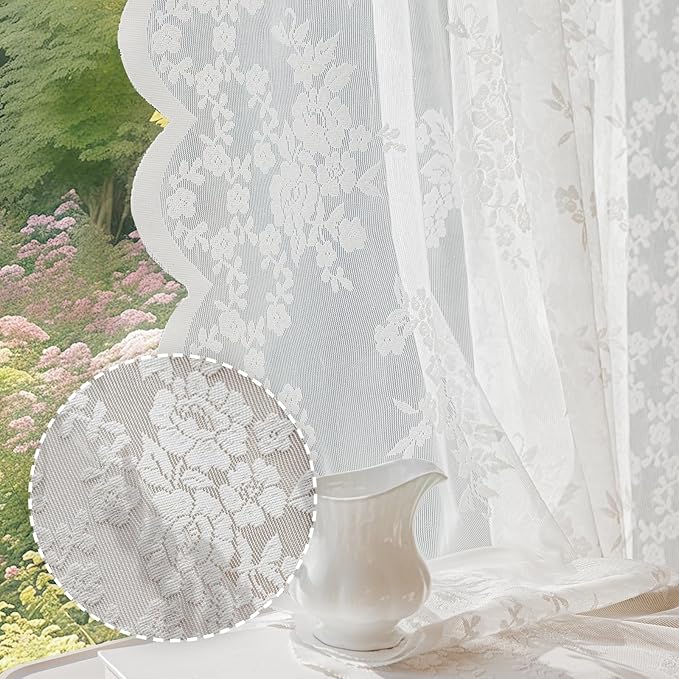 Anmao Vintage Lace Curtains 102 Inches Long 2 Panels, Romantic Elegant Light Filtering Semi Sheer Floral Thick Lacy Curtain Drapes for Living Room and Bedroom, Each Panel 55W x 102L, White Rose
