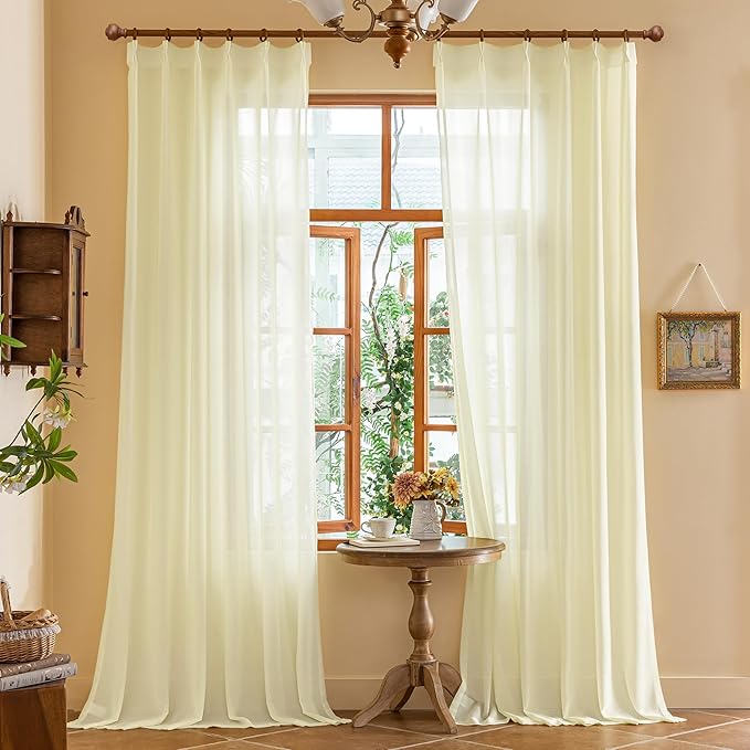 MAIHER 84 Inch Wide Pinch Pleat Curtains 108 Inch Length for Living Room Breathable Light Filtering Sheer Pleated Drapes with Ajustable Hooks, 9ft Curtains, Beige, 84" W x 108" L, 2 Panels