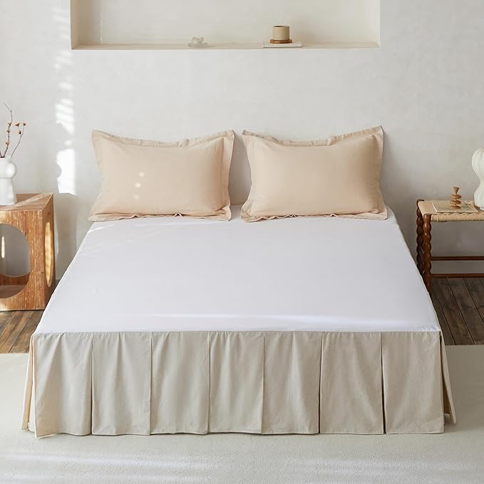 BISELINA French Linen Pleated Bed Skirt, 18" Tailored Draped Natural Linen-Cotton Blend Basic Dust Border Soft Comfort Farmhouse Bedding (18" Queen, Linen)