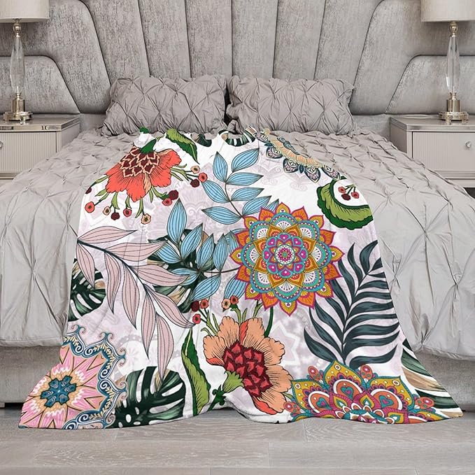 Boho Flowers Blanket for Women Girls, Rustic Bohemian Mandala Palm Leaves Plants Botanical Print Blanket for Bedroom Living Room Couch Sofa, 60"x80"