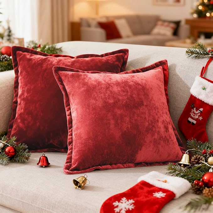 Luxurious Velvet Throw Pillow Covers 20x20 Set of 2 Decorative Pillow Covers Solid Square Cushion Case for Sofa Couch Bedroom Farmhouse, Red
