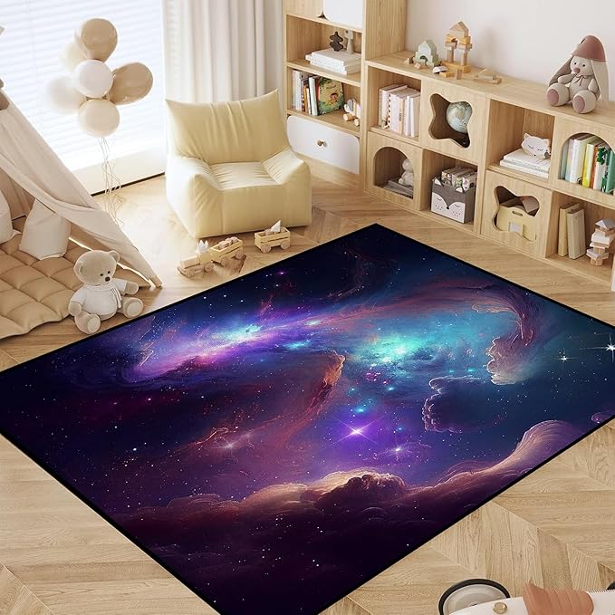 Galaxy Area Rug Bedroom Living Room for Girls Kids Boys Large Carpet Nebula Vortex Throw Rugs Purple Blue Cloud Floor Mat 71 in x 47 in