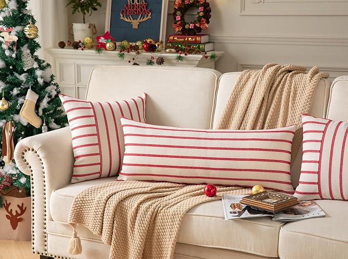 Caflife Christmas Lumbar Pillow Covers 14x36, Pack of 1, Farmhouse Boho Decorative Sofa Pillowcase, Christmas Body Red Lumbar Pillow Covers for Couch and Bed, Living Room Home Cushion Decor