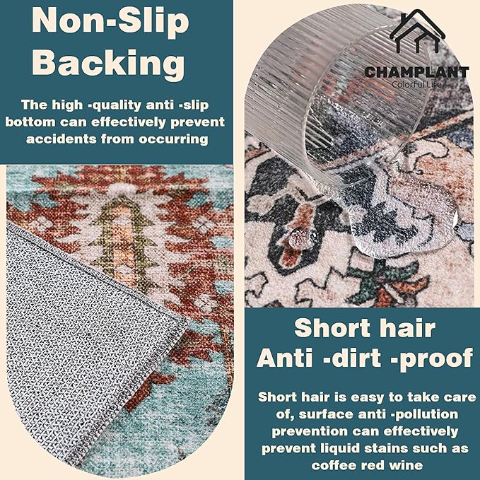 Washable Area Rug 8'x10' Red Khaki Retro Boho Design Non-Shedding Non-Slip Easy Care Ideal for High Traffic Areas in Living Room Bedroom Office Coffee Table Kitchen Large Carpet