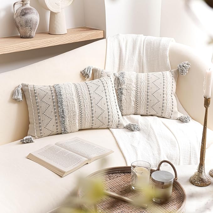 BlissBlush Decorative Lumbar Throw Pillow Cover 12x20 Combo Set of 2 Gray Rectangular Boho Accent Pillowcase Neutral Grey Farmhouse Cushion for Couch Sofa Bedroom Living Home Décor Cover ONLY