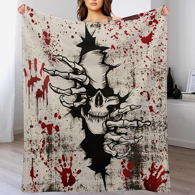 Horror Skull Throw Blanket, Halloween Day of The Dead Vintage Gothic Scary Blood Hand Soft Warm Fleece Blanket for Bed Couch Living Room All Season, 40"x50"